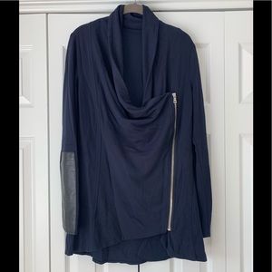 Akira Moto Jacket Leather Sleeve Navy Blue Zip Cowl Neck Cardigan Size M